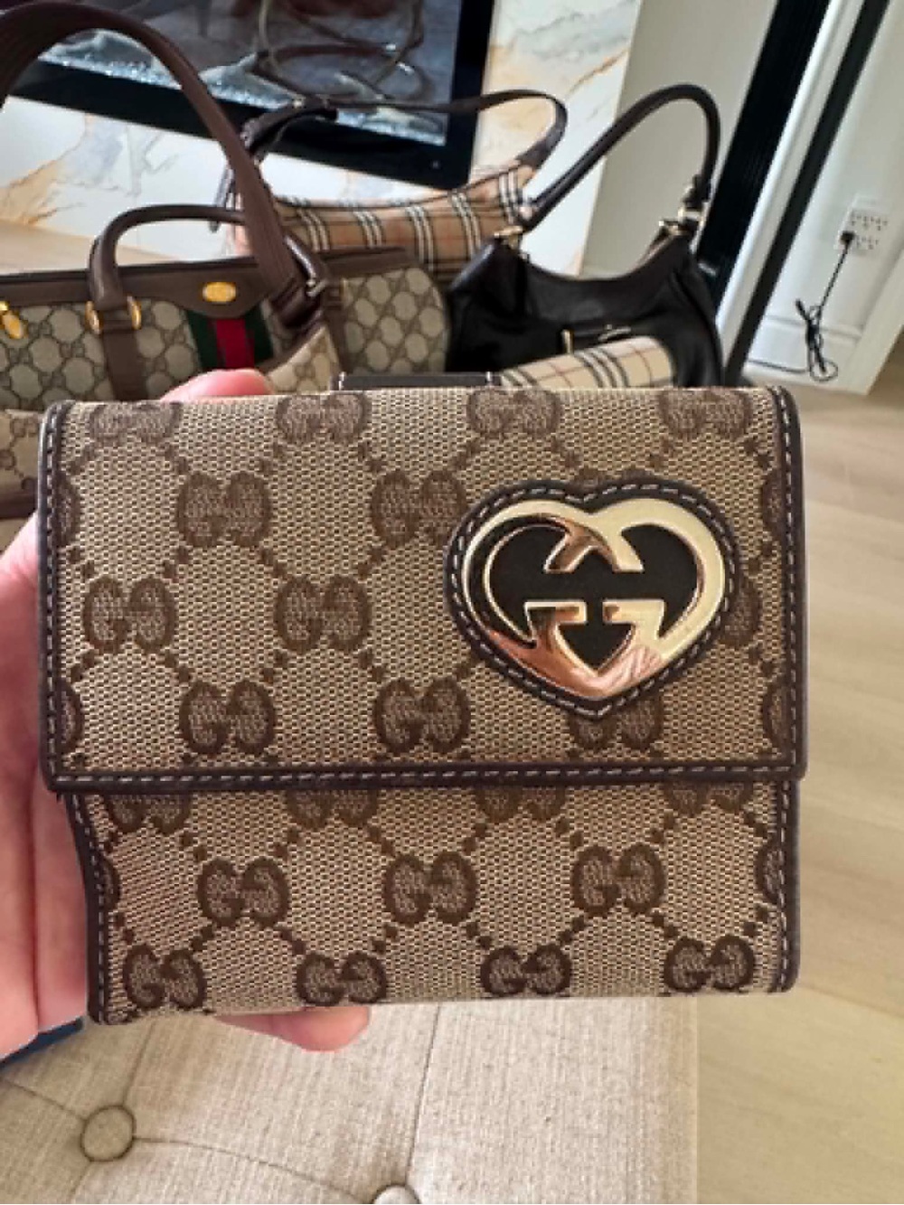 Gucci Beige Brown GG Monogram Heart-Logo Wallet
